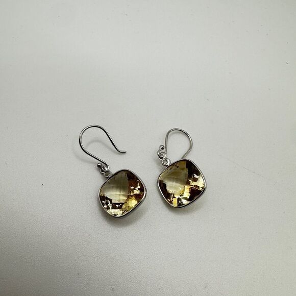 7.11cts faceted checkerboard cushion cut citrine on 925 dangle earrings! - Picture 6 of 14